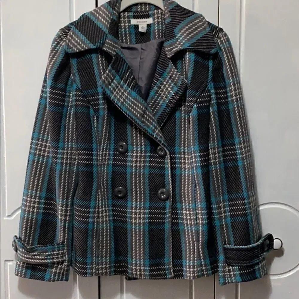 Dressbarn plaid Pea Coat teal/gray EUC size Small
